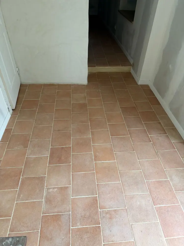 Dégagement carrelé en carreaux rectangulaires aspect terre cuite avec marche au fond