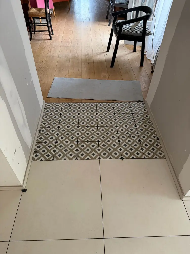 Seuil entre carreaux à motif géométrique et parquet existant, grand format beige au premier plan